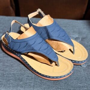 Navy Blue Leather Thong Sandals with Tan Footbed